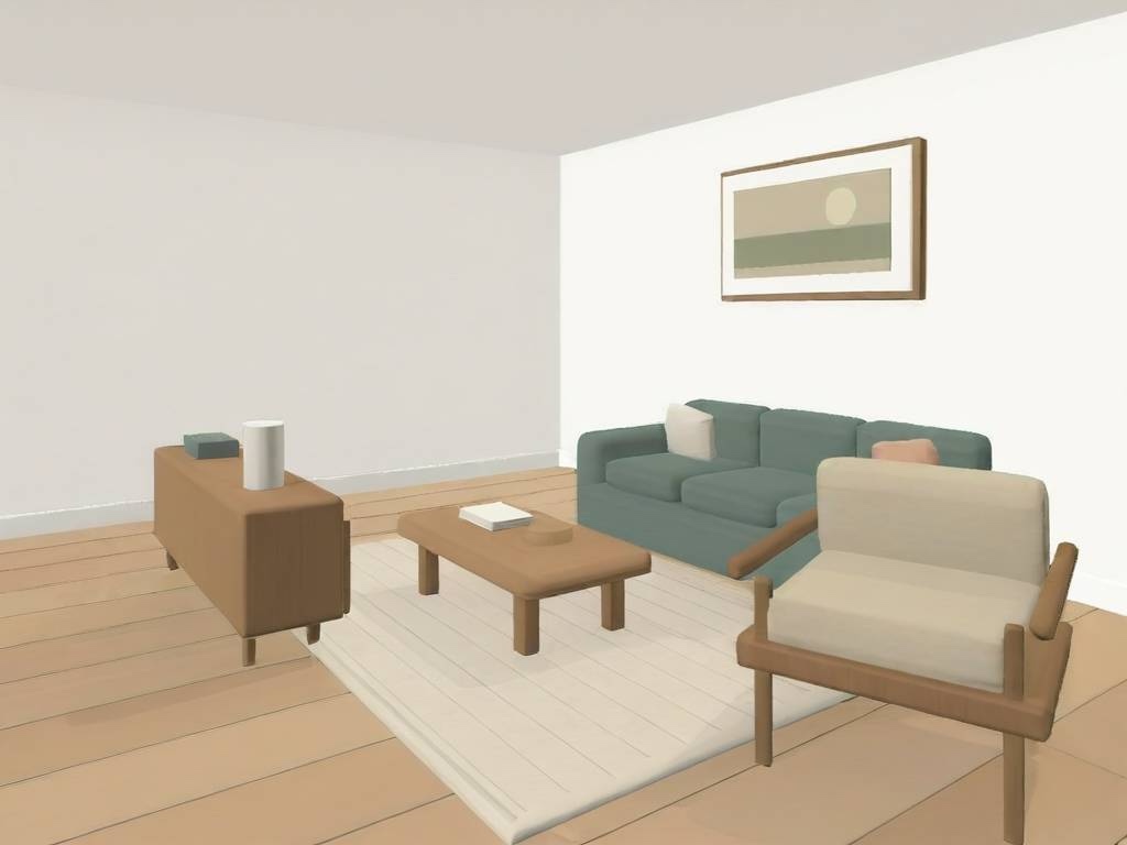 A room concept with a muted green sofa, warm wood furniture, a cream armchair, and pale oak flooring.